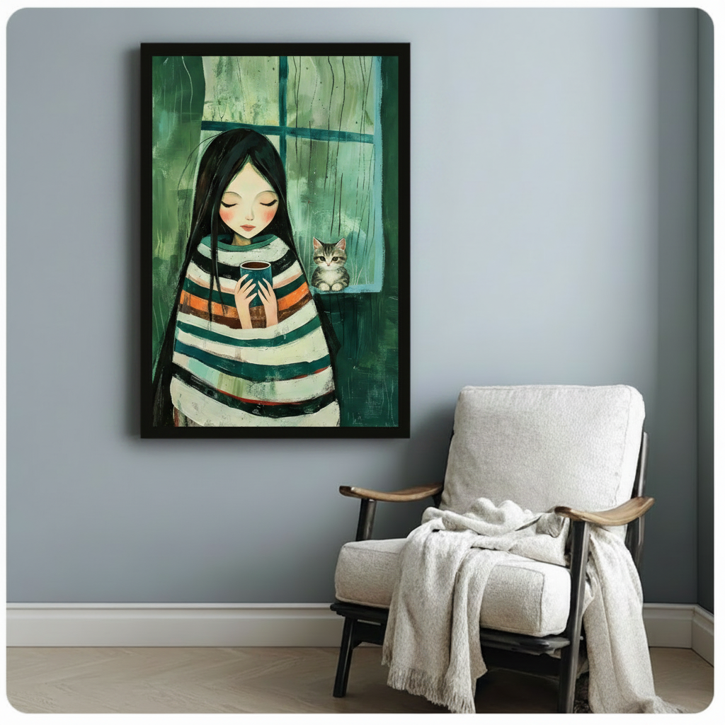 Rainy Day Girl & Cat Whimsical Canvas Art Wall Art