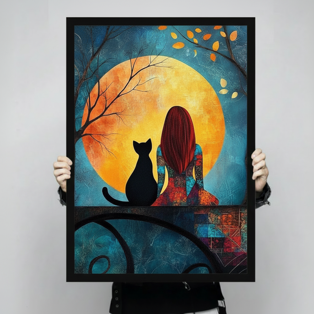 Girl & Black Cat Full Moon Canvas Wall Art 3057