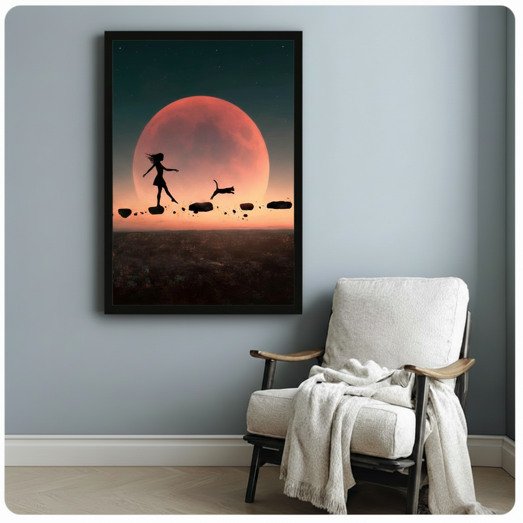 Girl Cat Blood Moon Canvas Wall Art