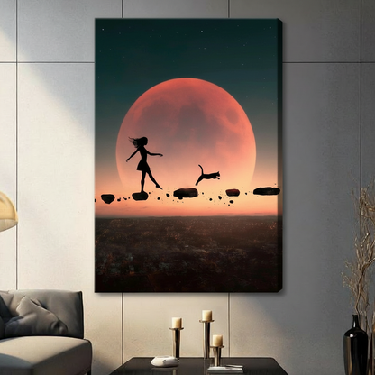 Girl Cat Blood Moon Canvas Wall Art