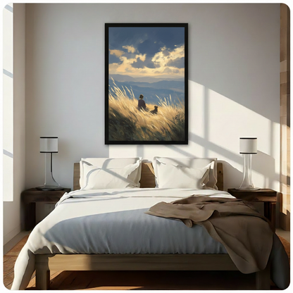 Person Dog Golden Meadow Mountain Canvas Art Wall Art