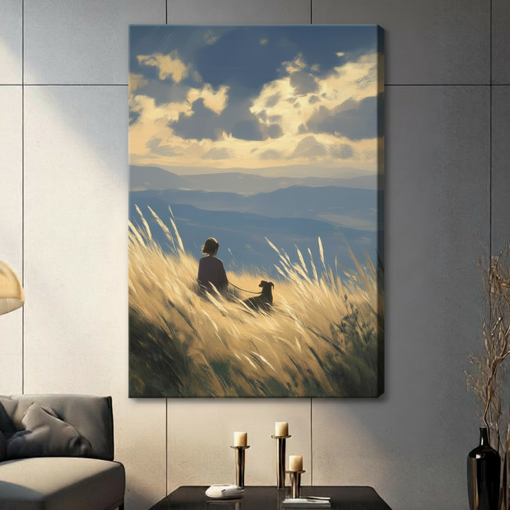 Person Dog Golden Meadow Mountain Canvas Art Wall Art