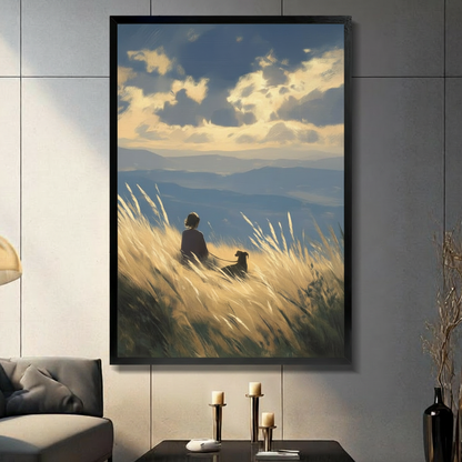 Person Dog Golden Meadow Mountain Canvas Art Wall Art