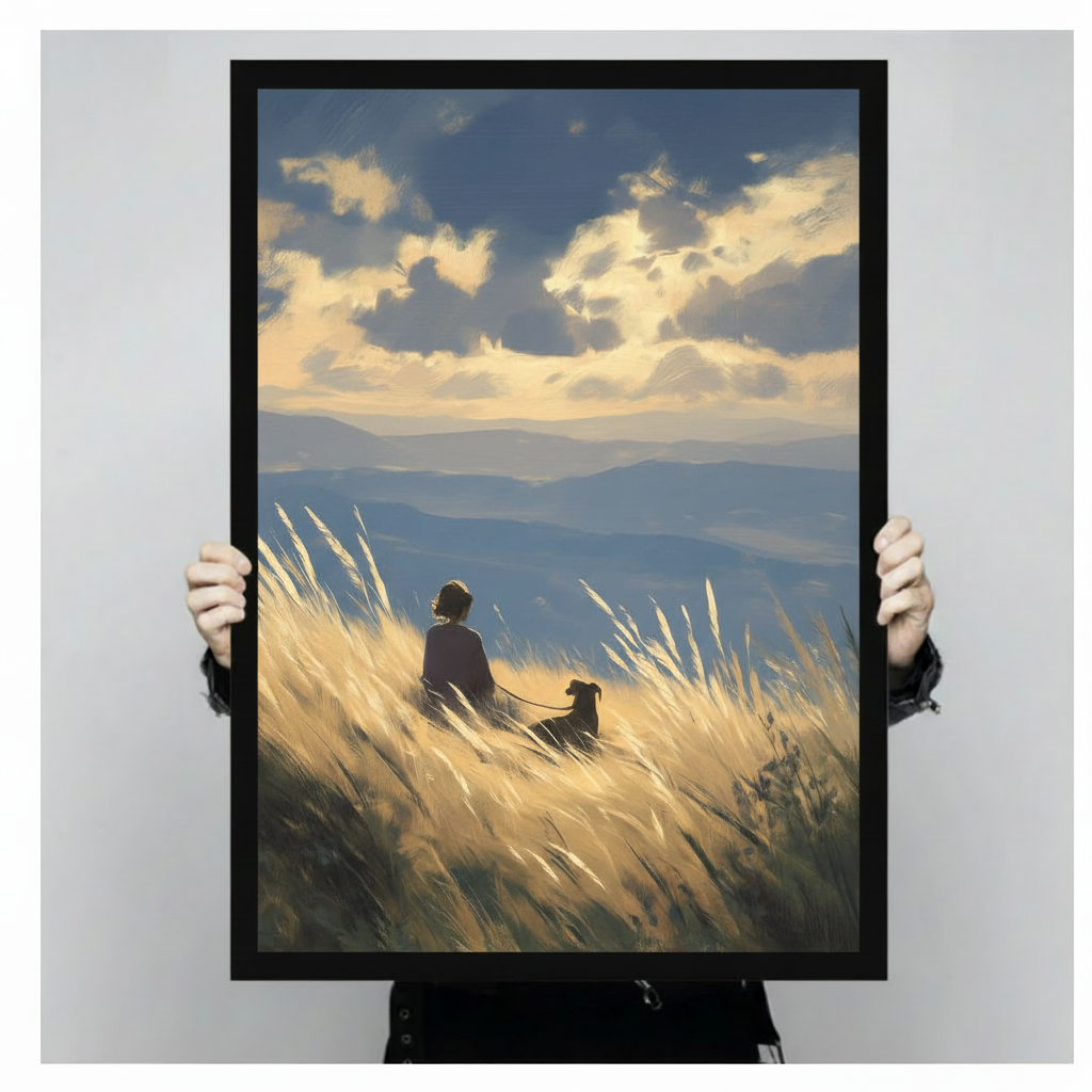 Person Dog Golden Meadow Mountain Canvas Art Wall Art
