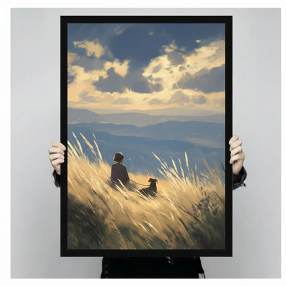 Person Dog Golden Meadow Mountain Canvas Art Wall Art