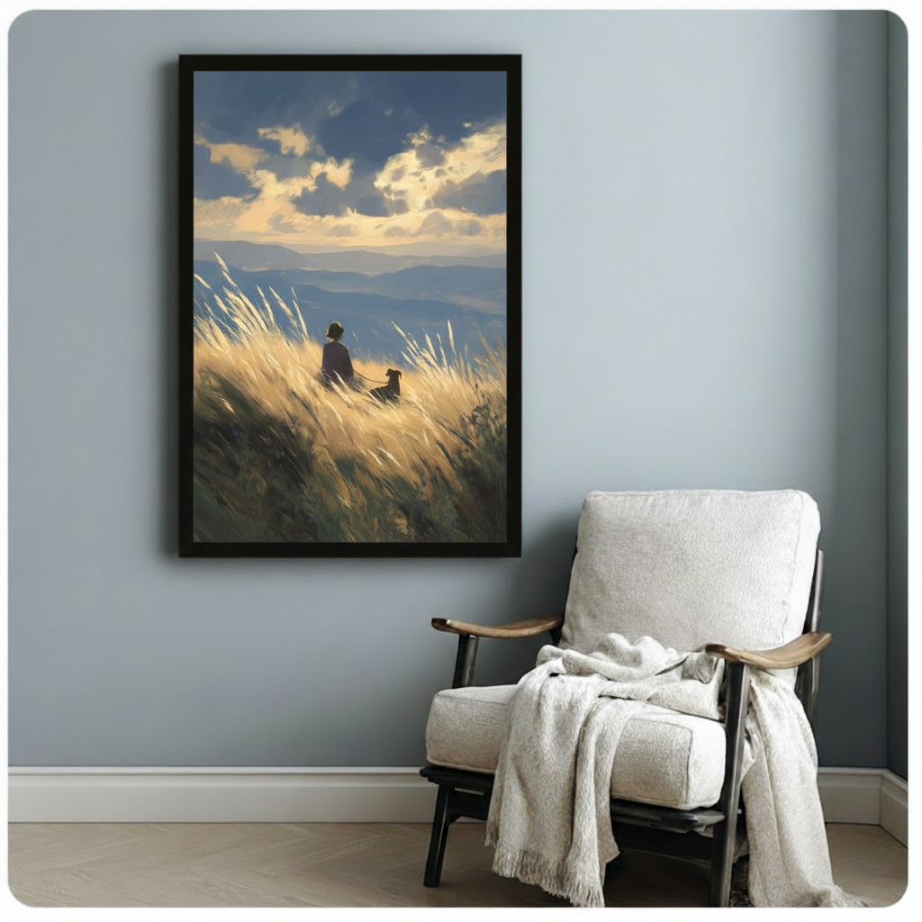 Person Dog Golden Meadow Mountain Canvas Art Wall Art
