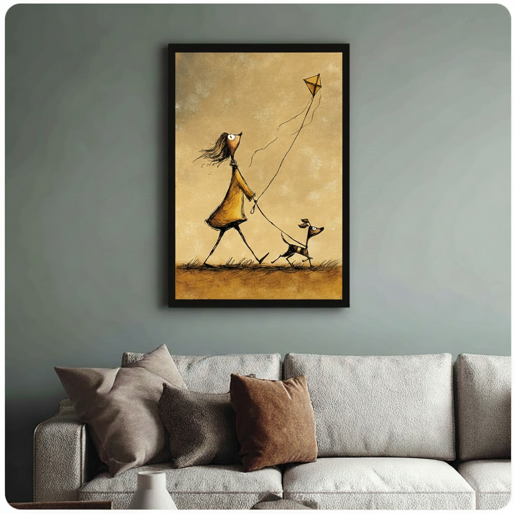 Girl Dog Kite Whimsical Canvas Wall Art