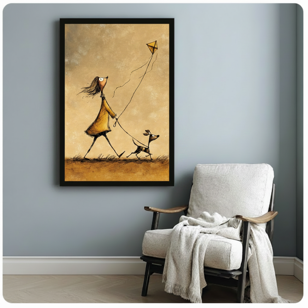 Girl Dog Kite Whimsical Canvas Wall Art