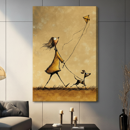 Girl Dog Kite Whimsical Canvas Wall Art