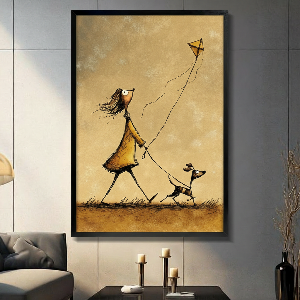 Girl Dog Kite Whimsical Canvas Wall Art
