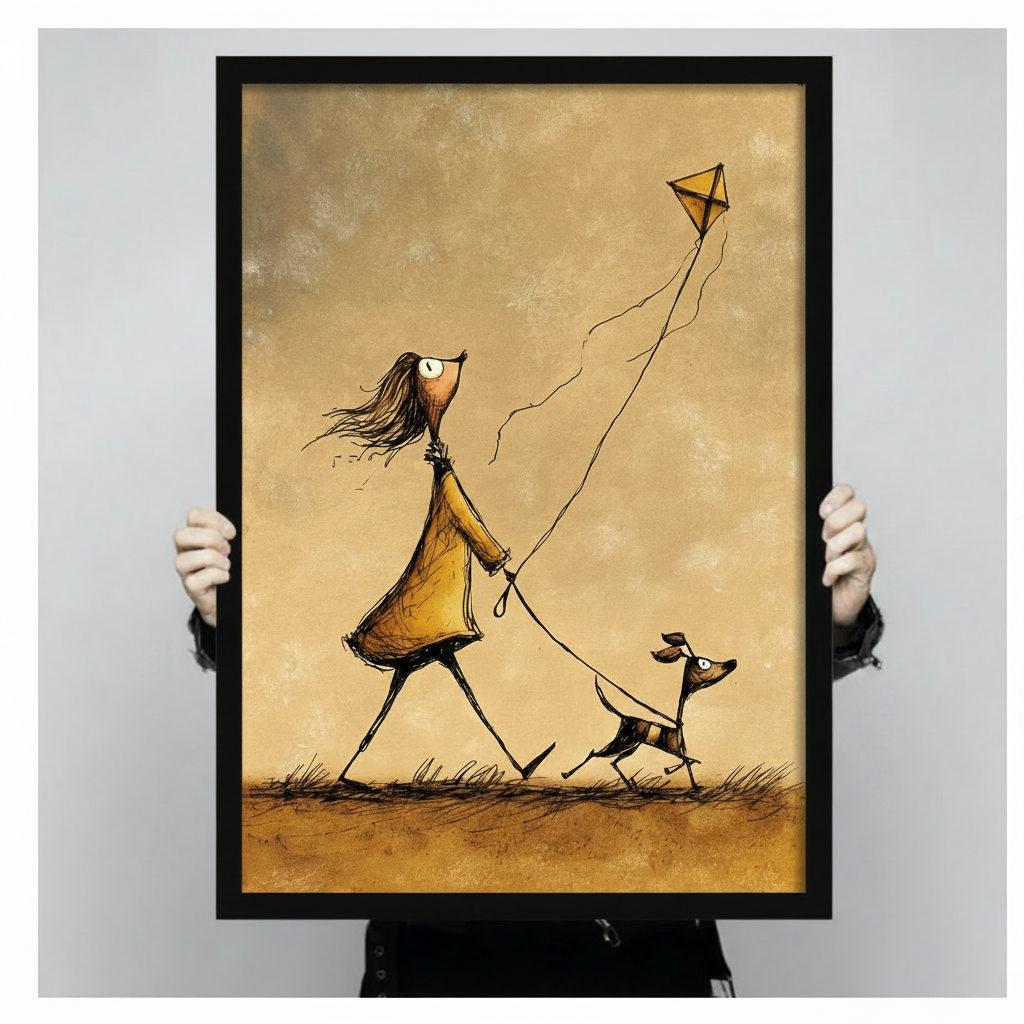 Girl Dog Kite Whimsical Canvas Wall Art