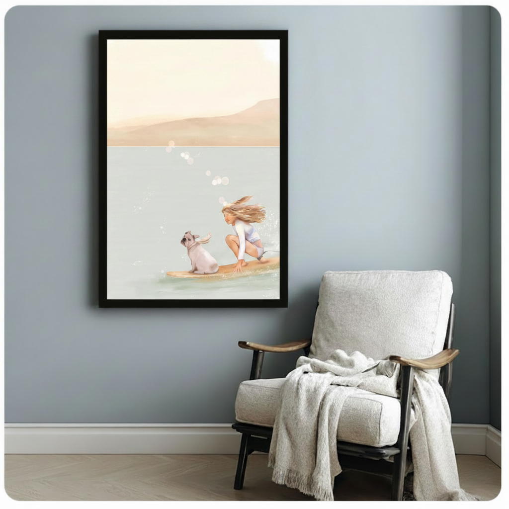 Surf Girl Dog Coastal Canvas Wall Art