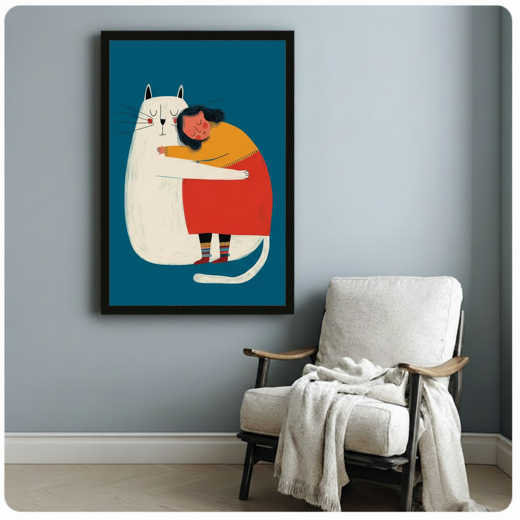 Cozy Girl & Cat Hug Illustration Canvas Art Wall Art