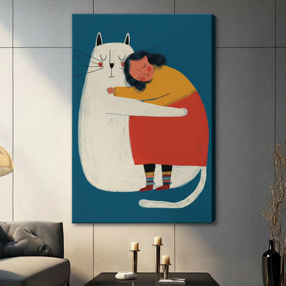 Cozy Girl & Cat Hug Illustration Canvas Art Wall Art