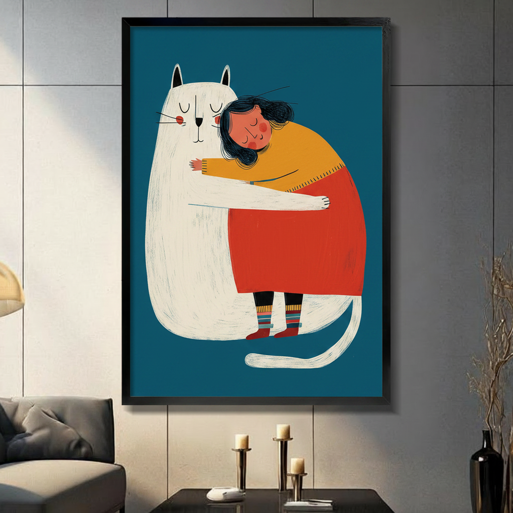 Cozy Girl & Cat Hug Illustration Canvas Art Wall Art