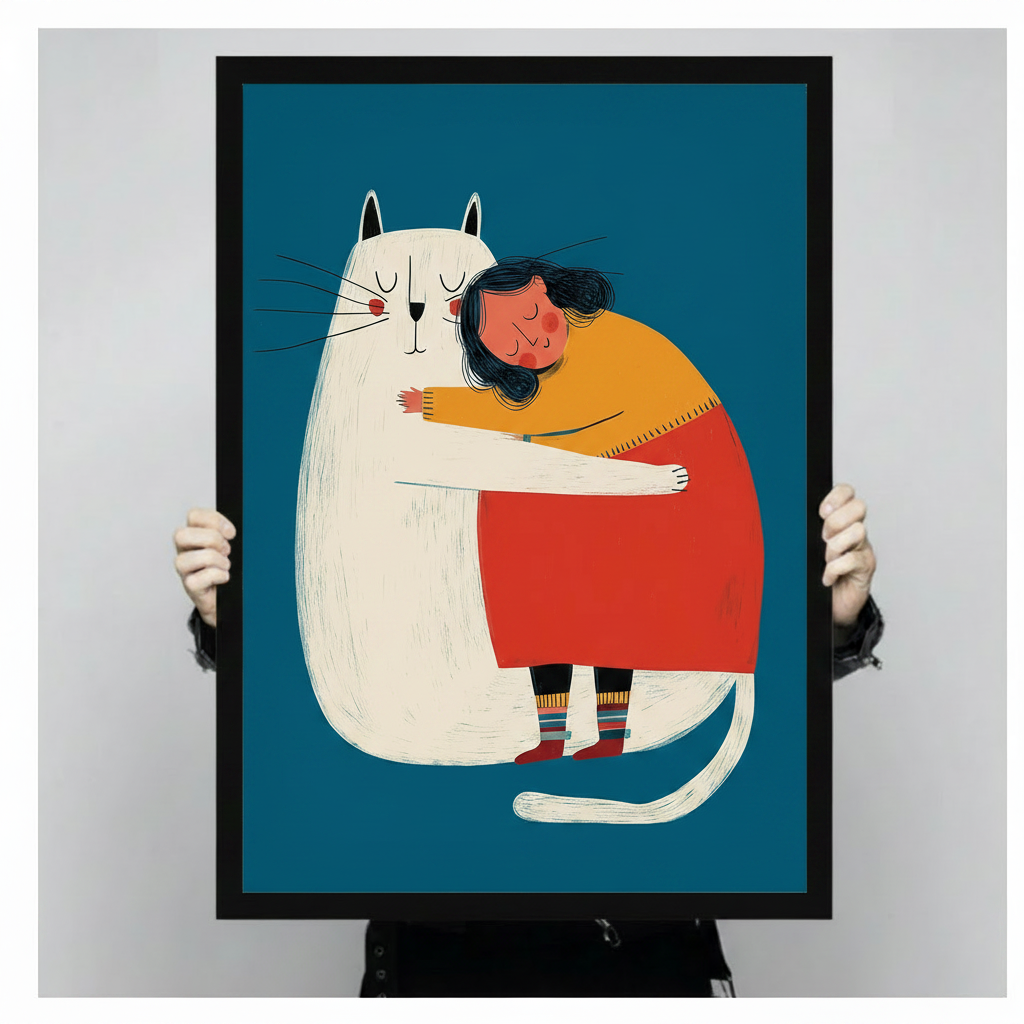 Cozy Girl & Cat Hug Illustration Canvas Art Wall Art