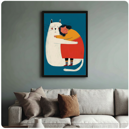 Cozy Girl & Cat Hug Illustration Canvas Art Wall Art