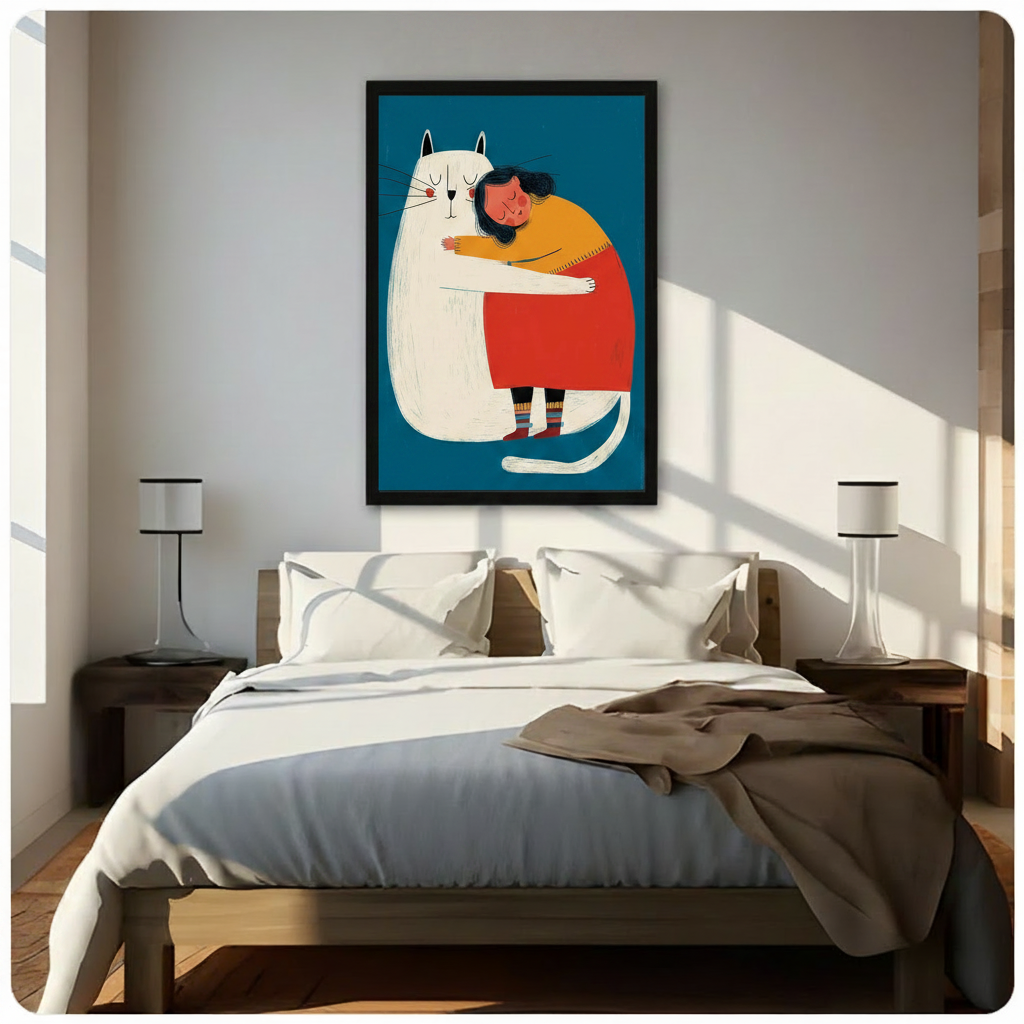 Cozy Girl & Cat Hug Illustration Canvas Art Wall Art