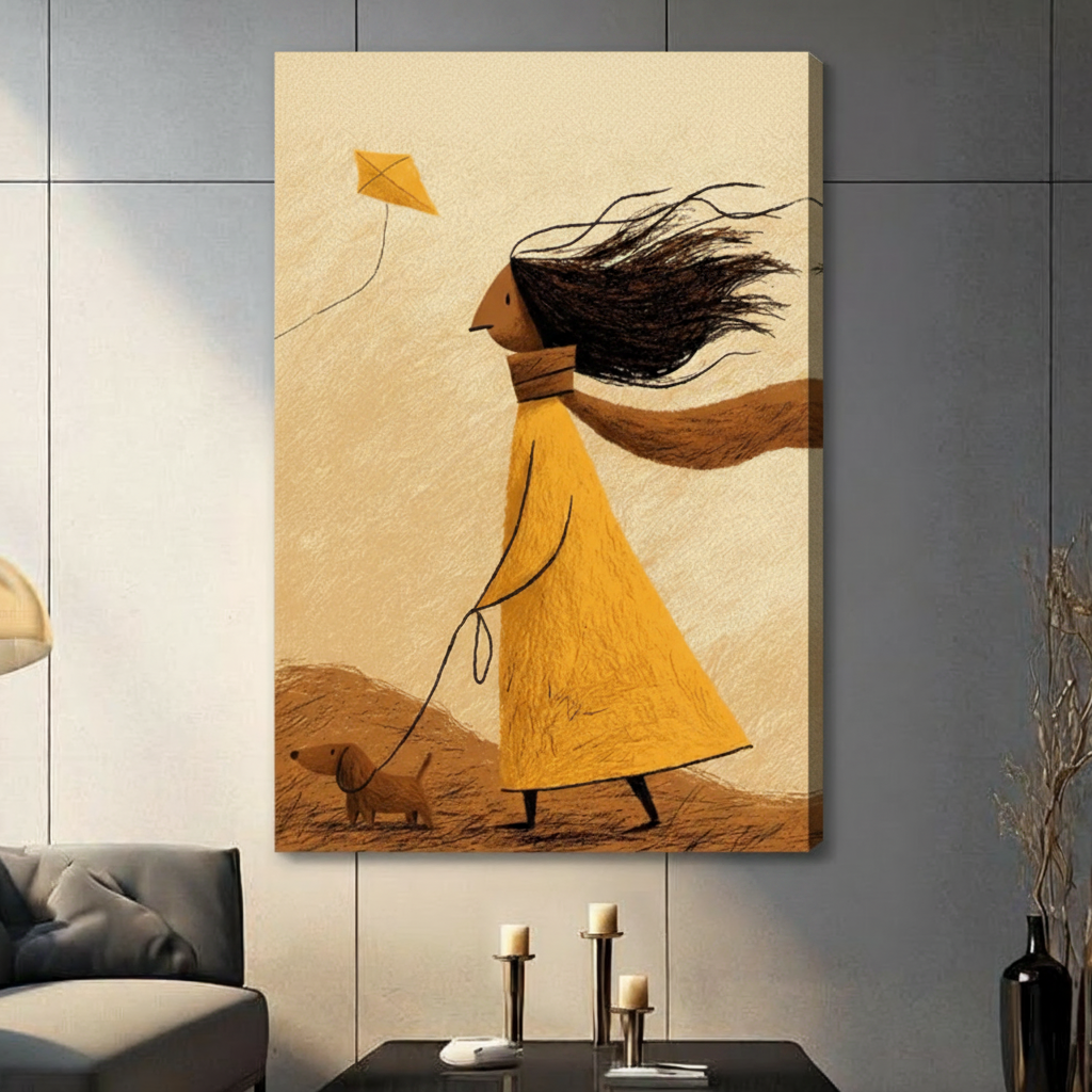 Windy Day Girl Kite Dachshund Canvas Art Wall Art