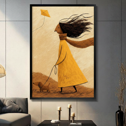 Windy Day Girl Kite Dachshund Canvas Art Wall Art