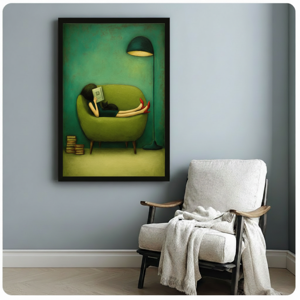 Reading Woman Cat Green Mid-Century Canvas Wall Art