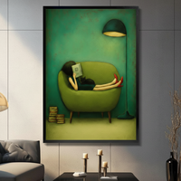 Reading Woman Cat Green Mid-Century Canvas Wall Art