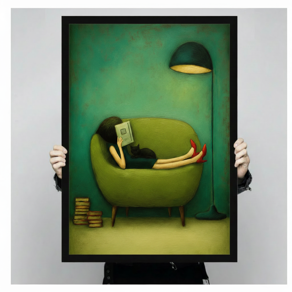 Reading Woman Cat Green Mid-Century Canvas Wall Art