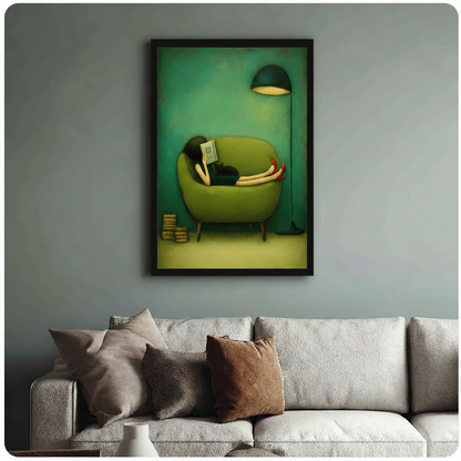 Reading Woman Cat Green Mid-Century Canvas Wall Art