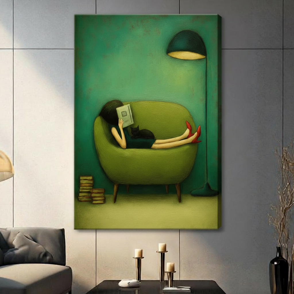 Reading Woman Cat Green Mid-Century Canvas Wall Art