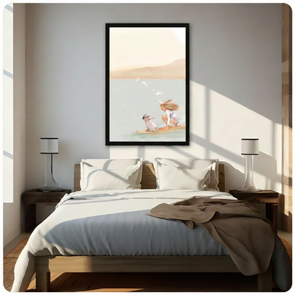 Surf Girl Dog Coastal Canvas Wall Art