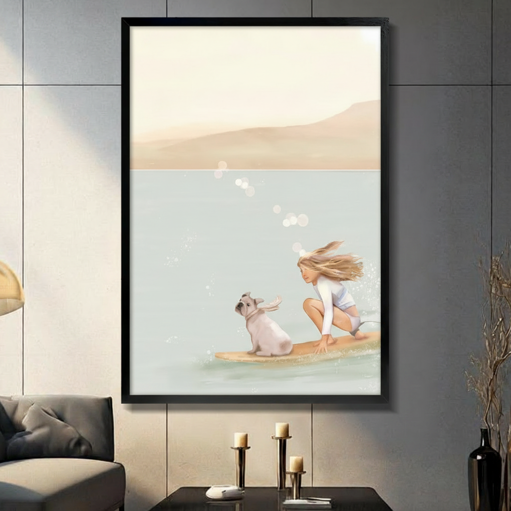 Surf Girl Dog Coastal Canvas Wall Art