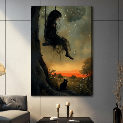 Dark Girl Swing Black Cat Canvas Wall Art
