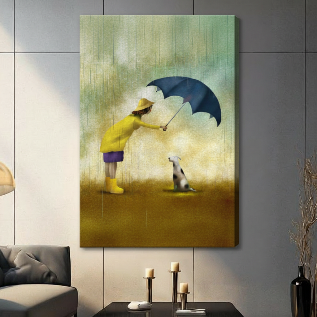 Girl Umbrella Dalmatian Rain Heartwarming Canvas Art