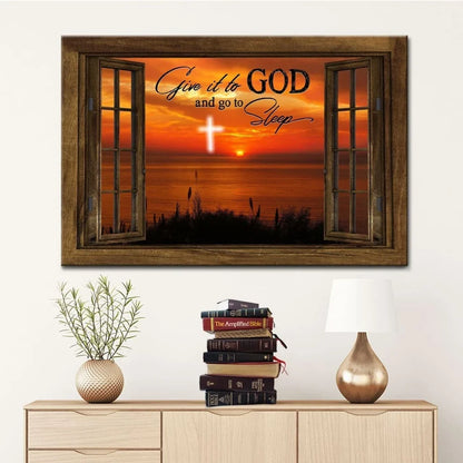 give it to god and go to sleep cross sunset wall art canvas print (Landscape) (view 4)