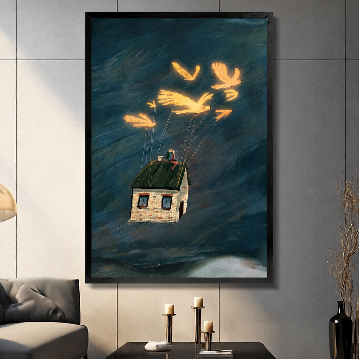Golden Birds Flying House Whimsical Canvas Wall Art