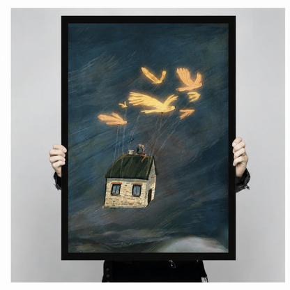 Golden Birds Flying House Whimsical Canvas Wall Art