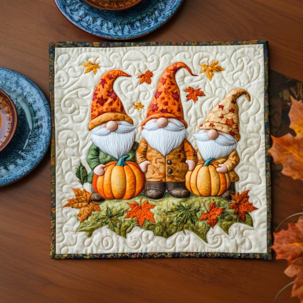 Gnome Among Leaves Quilted Table Topper