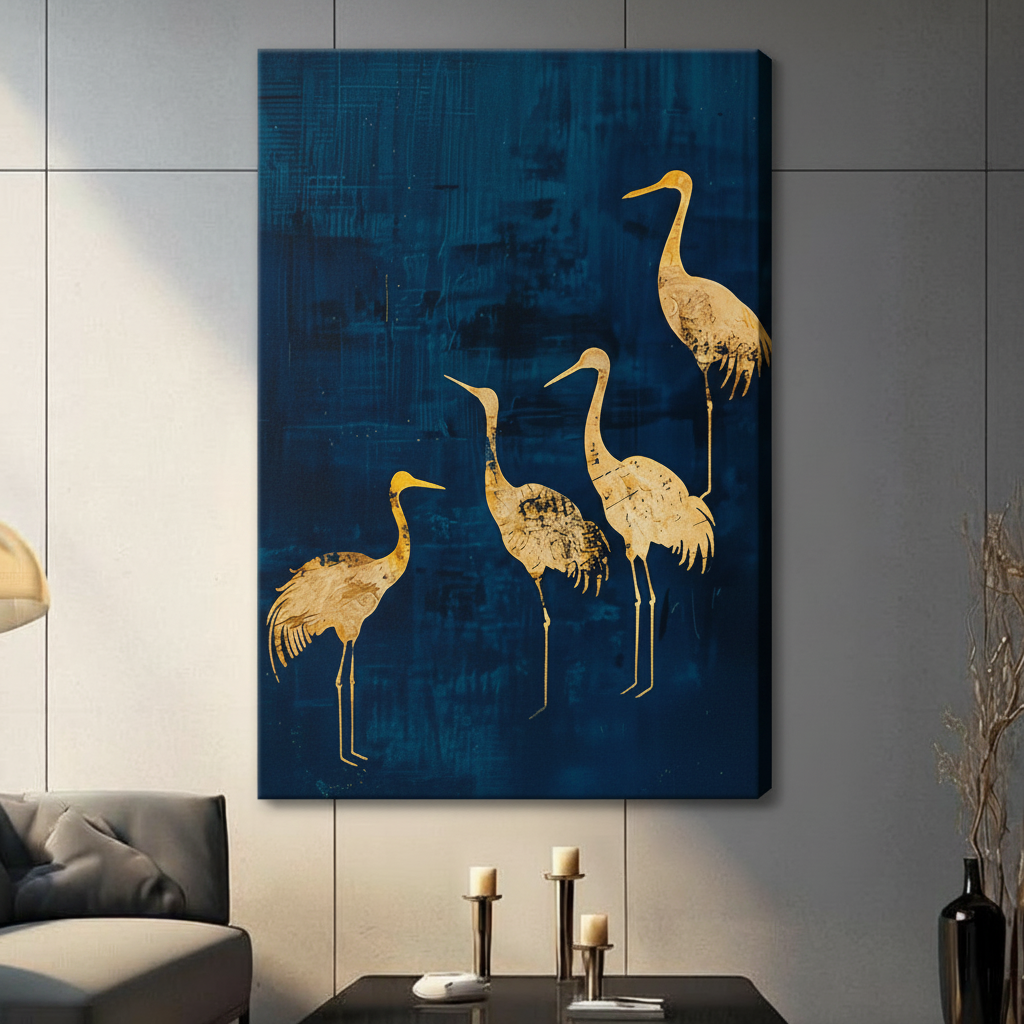 Golden Cranes Deep Blue Canvas Wall Art