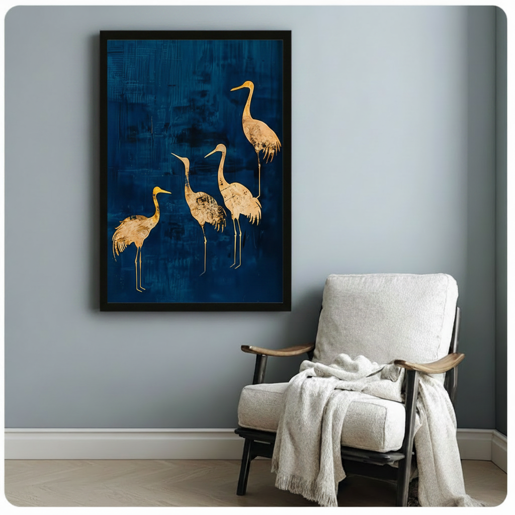Golden Cranes Deep Blue Canvas Wall Art