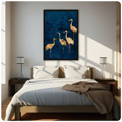 Golden Cranes Deep Blue Canvas Wall Art