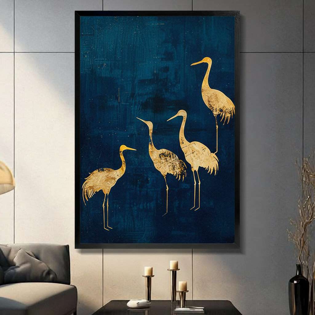 Golden Cranes Deep Blue Canvas Wall Art