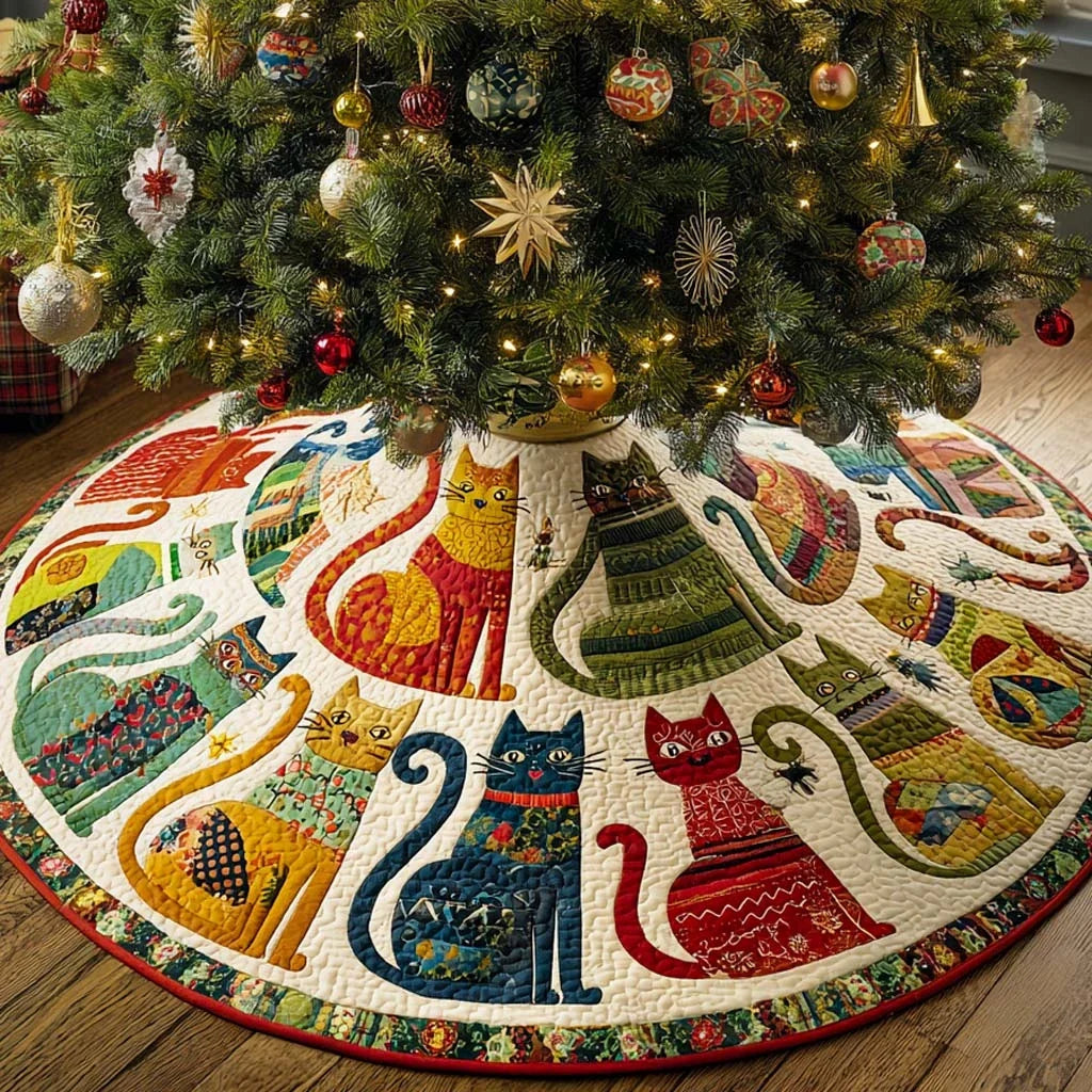 Golden Bell Cat Circle Quilted Tree Skirt