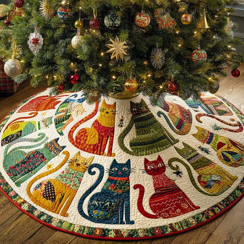 Golden Bell Cat Circle Quilted Tree Skirt