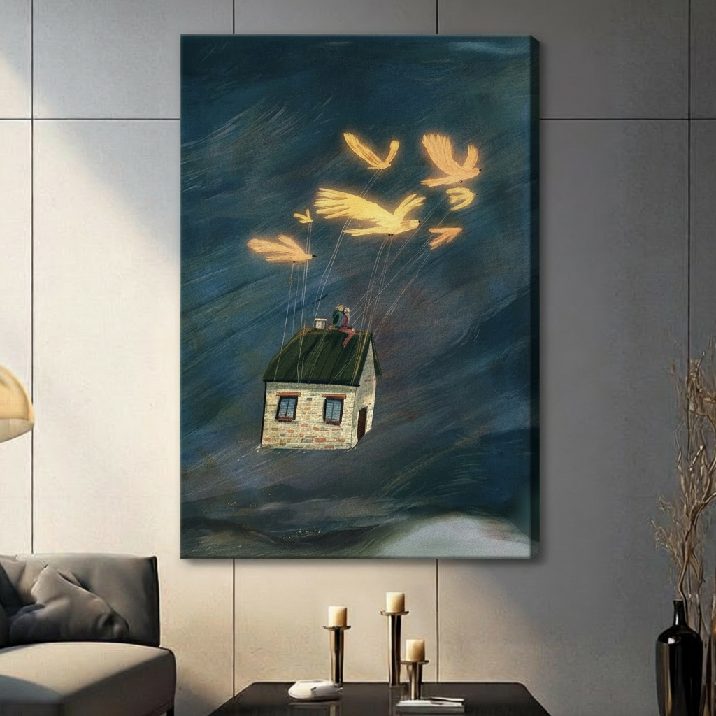 Golden Birds Flying House Whimsical Canvas Wall Art