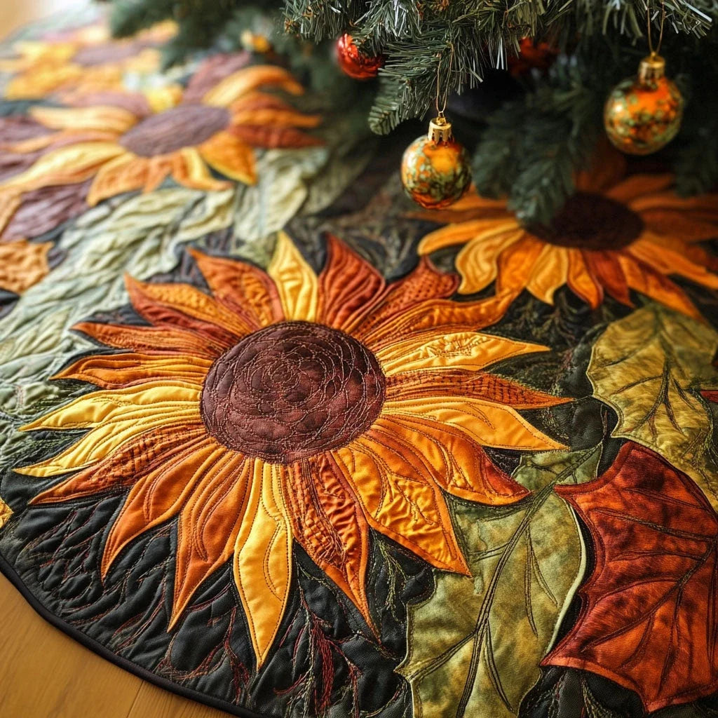 Golden Bloom Bliss Quilted Christmas Tree Skirt