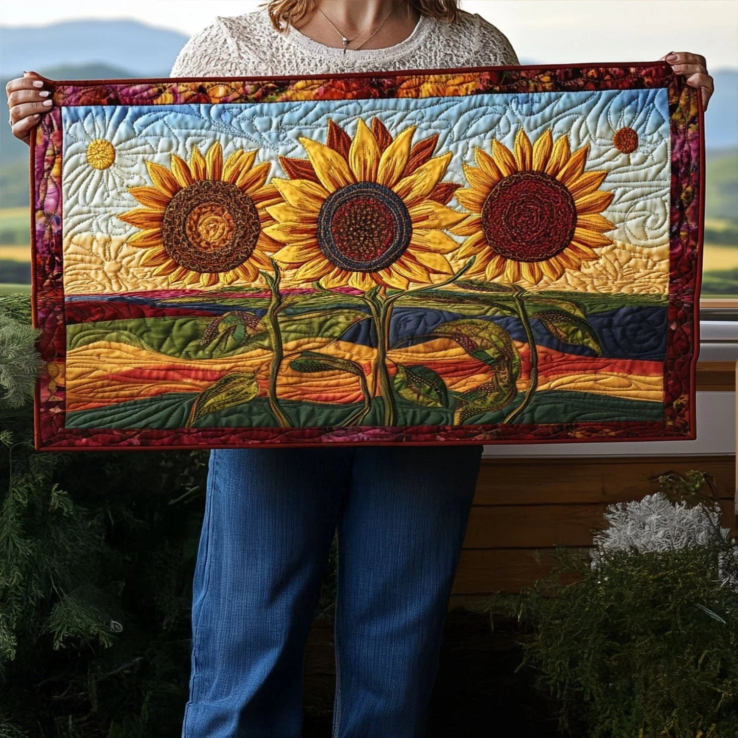 Golden Bloom Elegance Quilted Table Runner