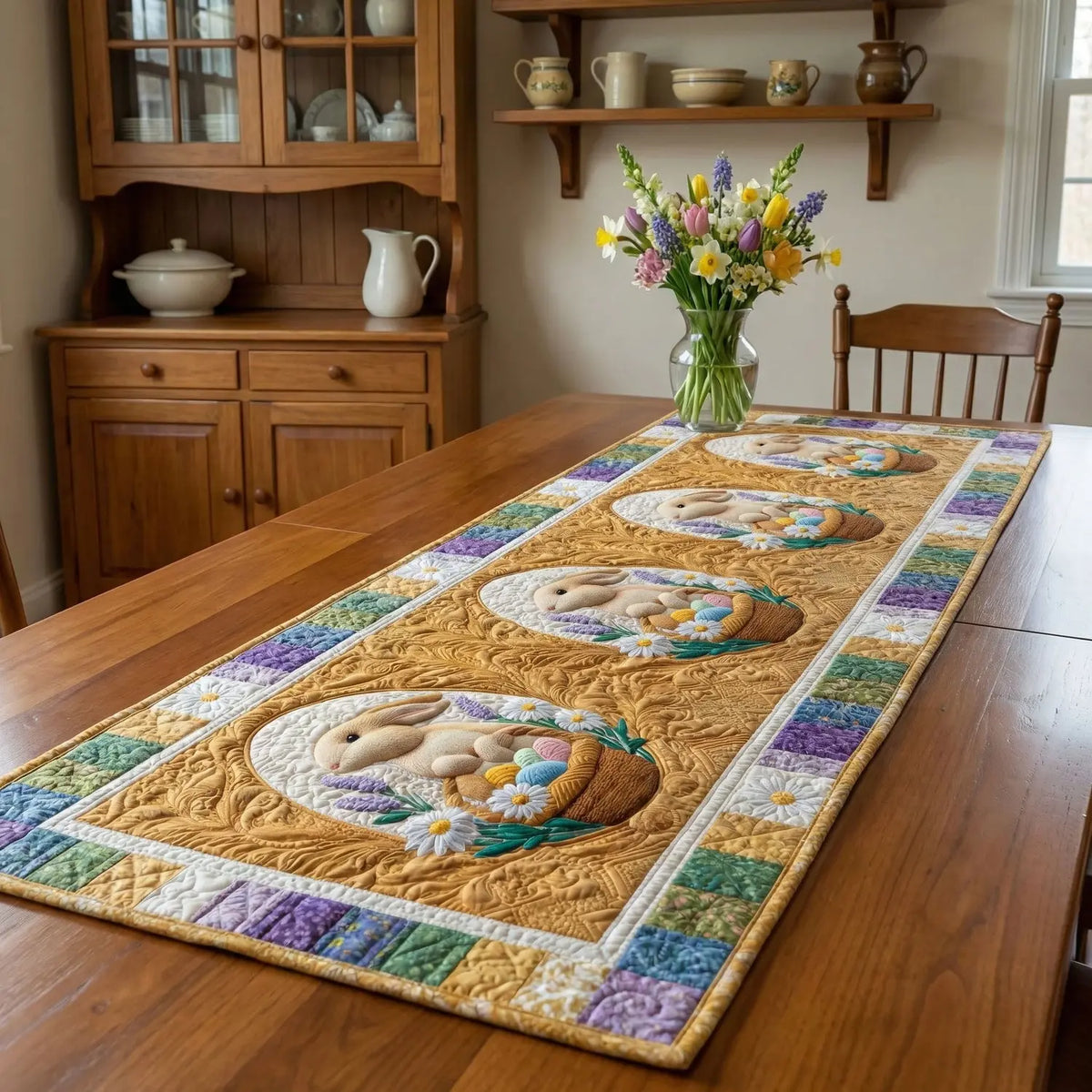 Golden Bunny Medallion Quilted Table Runner