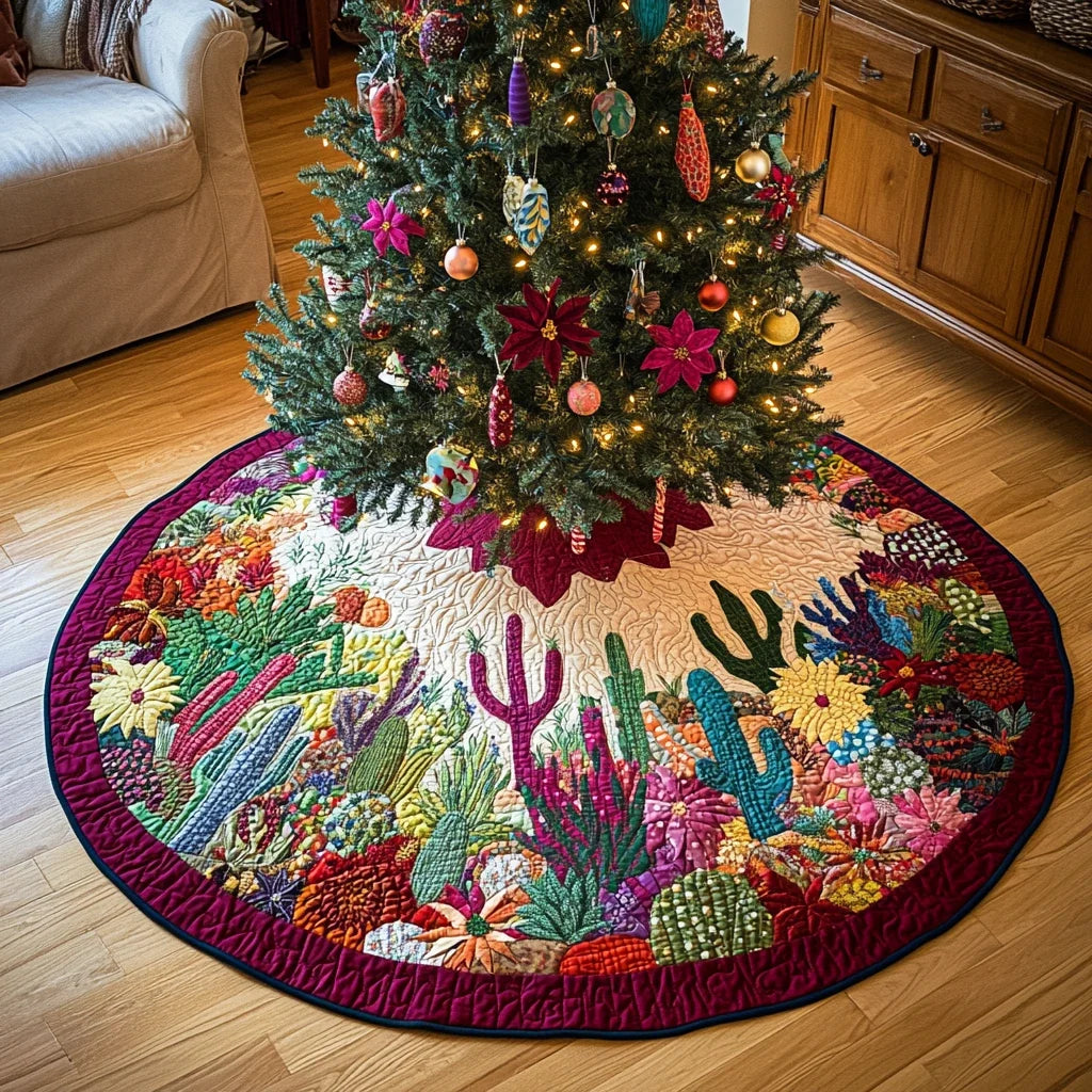 Golden Cactus Christmas Quilted Tree Skirt