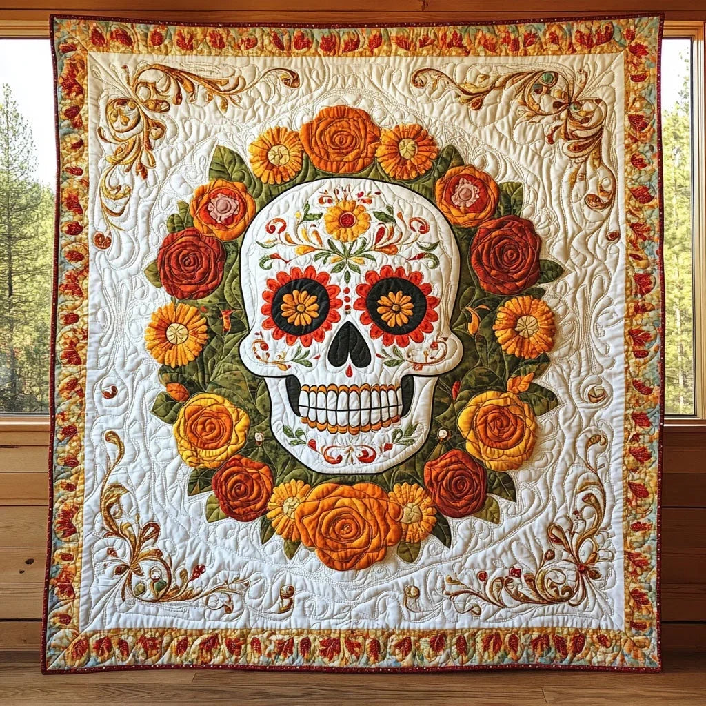 Golden Calavera Quilt Blanket
