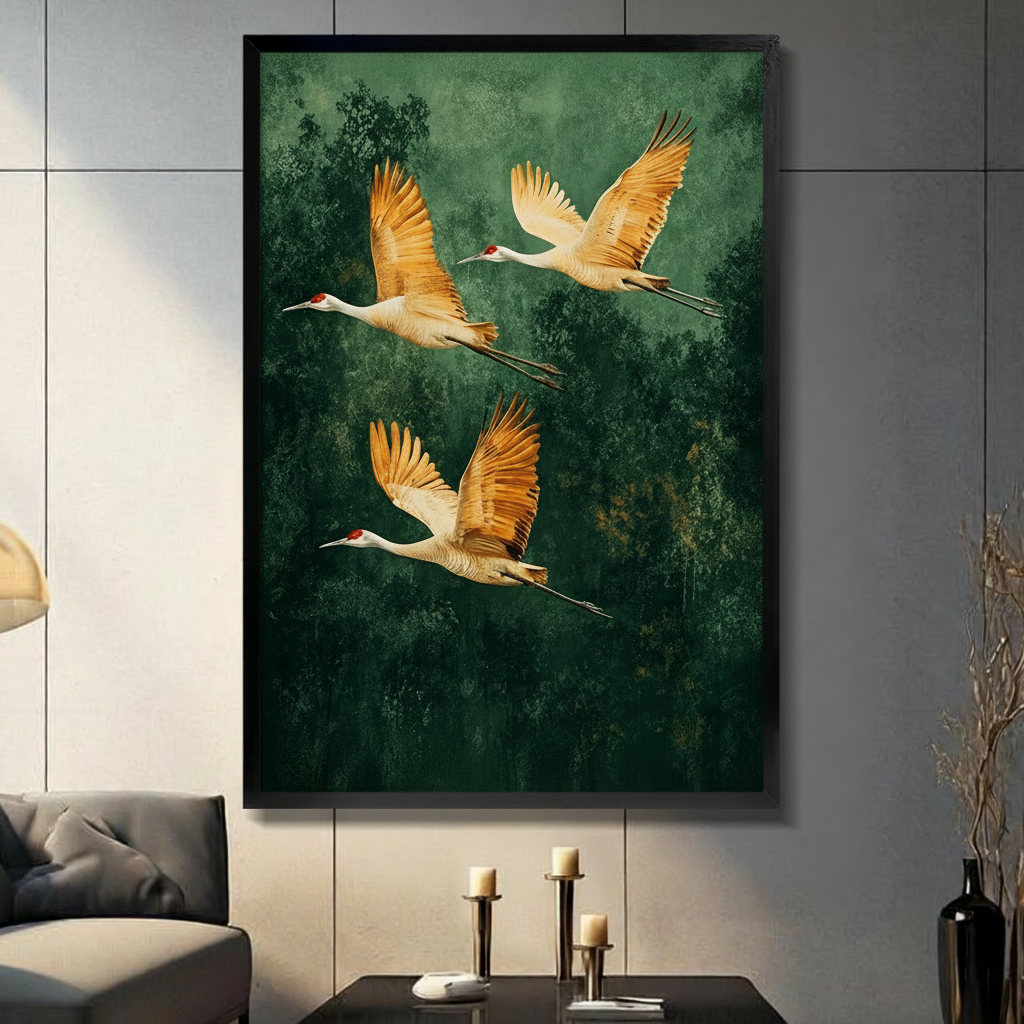 Golden Cranes Forest Canvas Wall Art